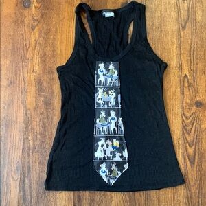 Upcycled Black Tank Top with Graphic Cow Tie Patchwork Design
